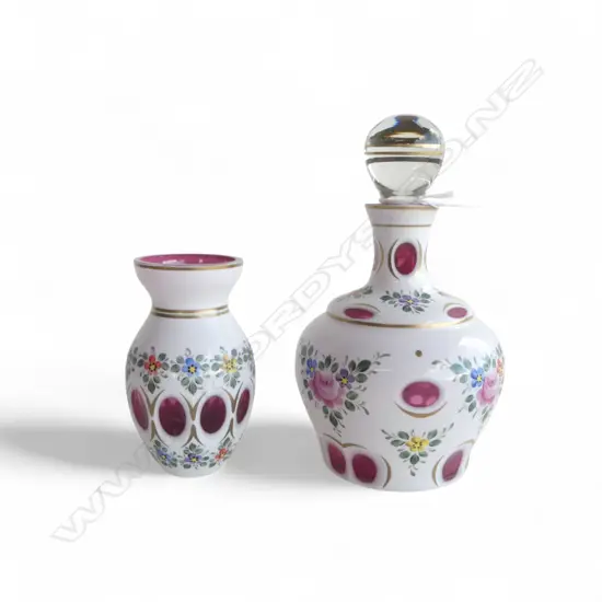 BOHEMION CRANBERRY CUT GLASS DECANTER H210MM & MATCHING VASE H130MM