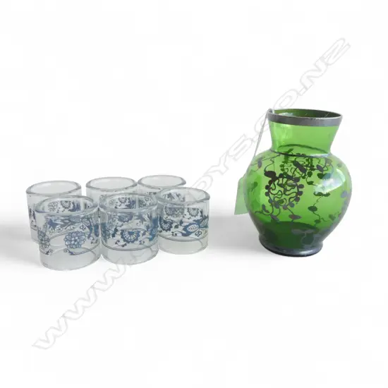 VINTAGE ITALIAN E.B. ARGENTO 925/1000 VASE w, SILVER OVERLAY. H.100mm + 6 VINTAGE PYREX "OLD TOWN BLUE" NAPKIN RINGS