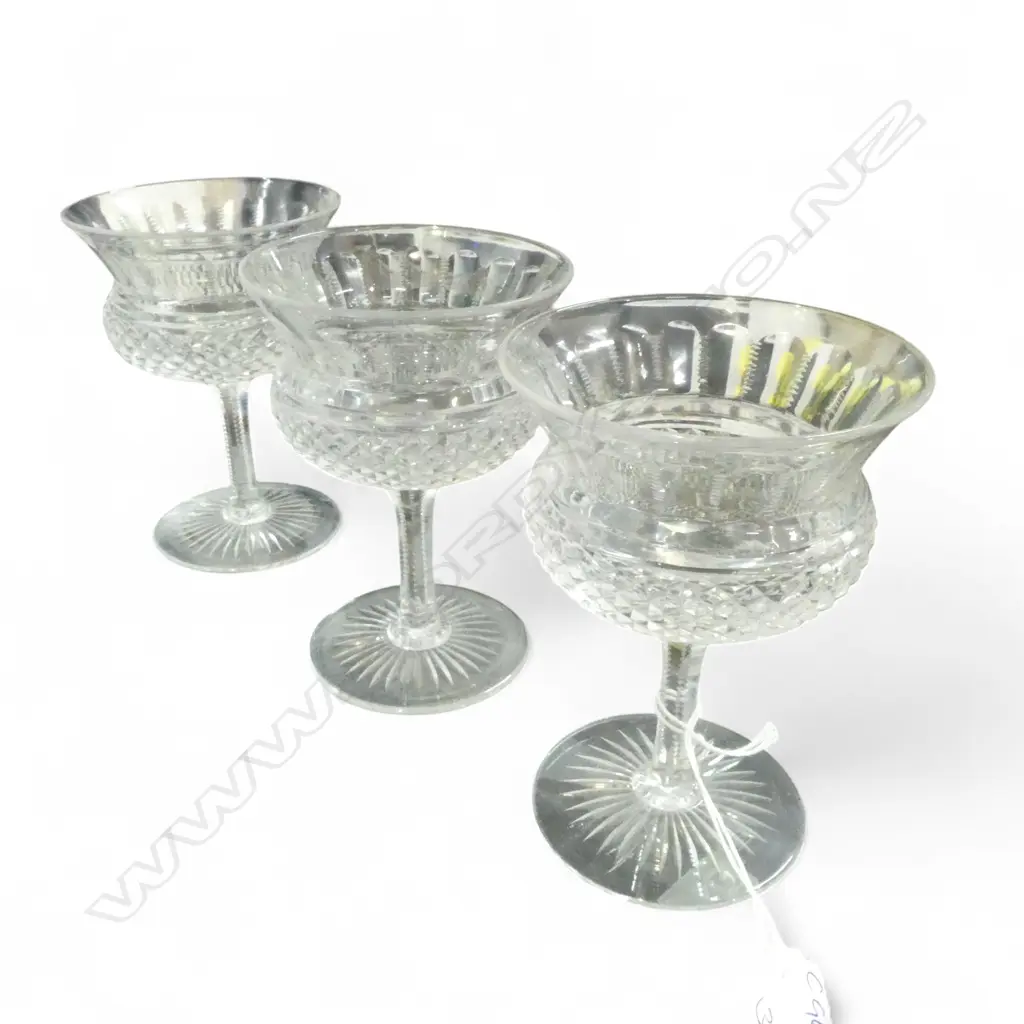 SET 3 CUT GLASS CHAMPAGNE GLASSES thistle shaped notch cut bowls Image 1++