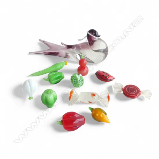 GLASS SWALLOW, L.145mm & 11 PCS GLASS MINI FRUITS 