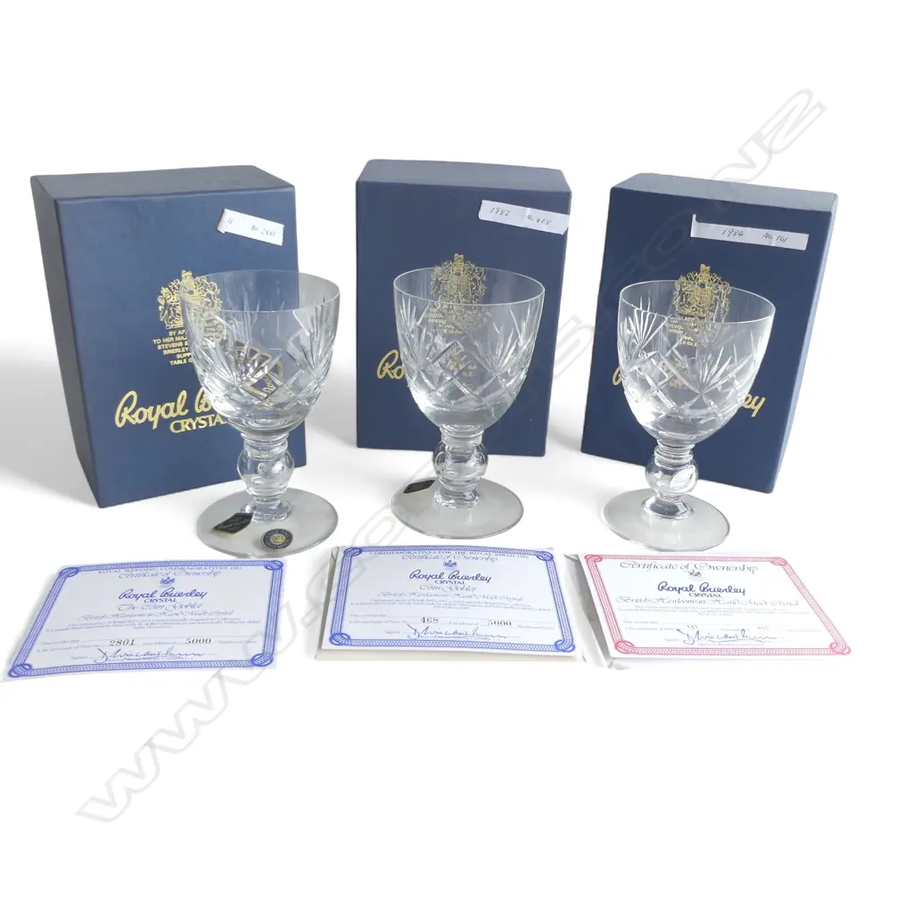 3 BOXED ROYAL BRIERLEY ENGLISH CRYSTAL GOBLETS; 2 ROYAL WEDDING 1981 EDITIONS 468 & 2801/5000 + BRITISH HEIRLOOM 141/250 Image 1++