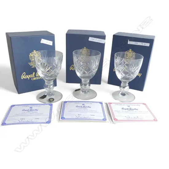 3 BOXED ROYAL BRIERLEY ENGLISH CRYSTAL GOBLETS; 2 ROYAL WEDDING 1981 EDITIONS 468 & 2801/5000 + BRITISH HEIRLOOM 141/250
