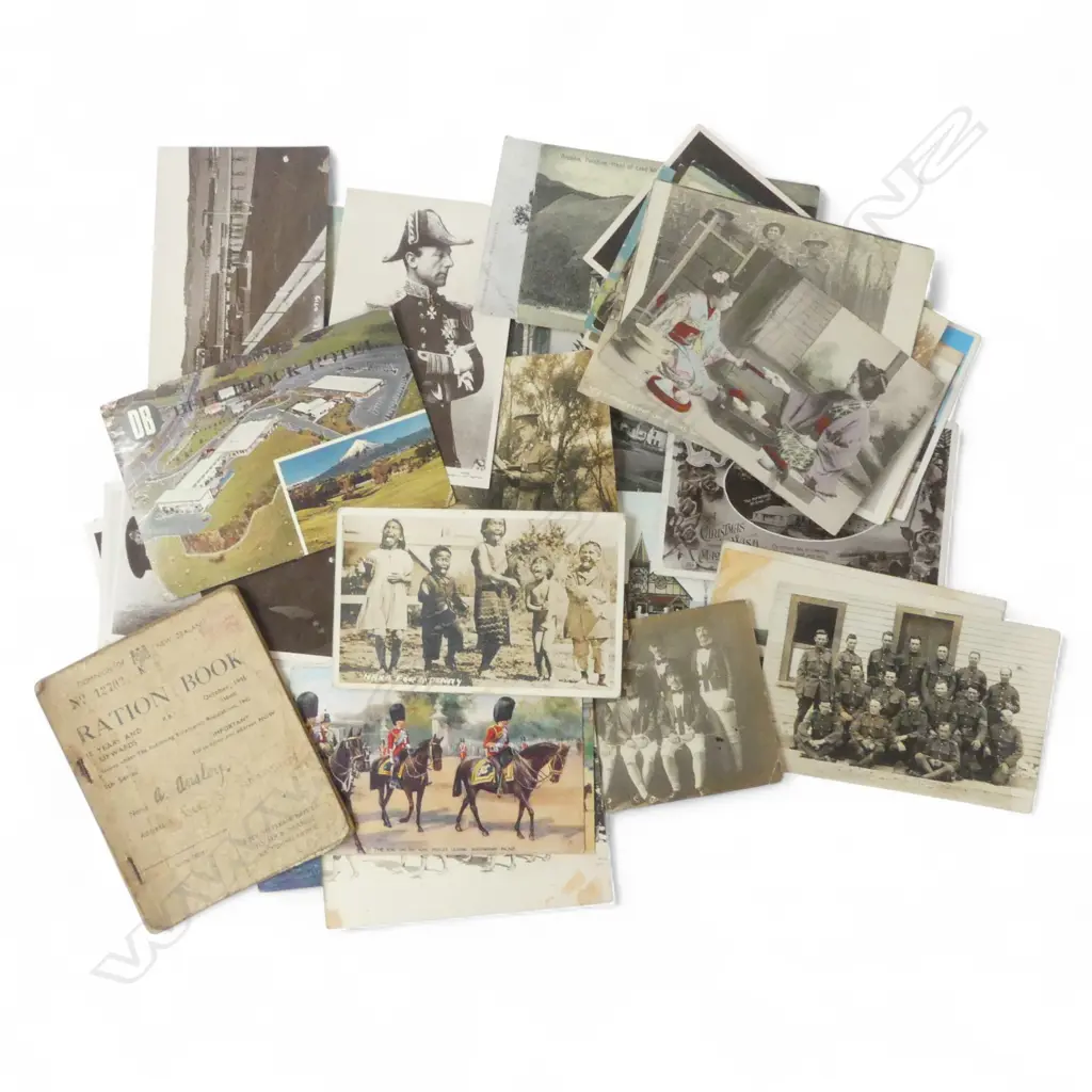 COLLECTION APPROX. 40 MAINLY NZ POSTCARDS + 2 1942 RATION BOOKS. Cards include: Maori + military + NZ etc Image 1++