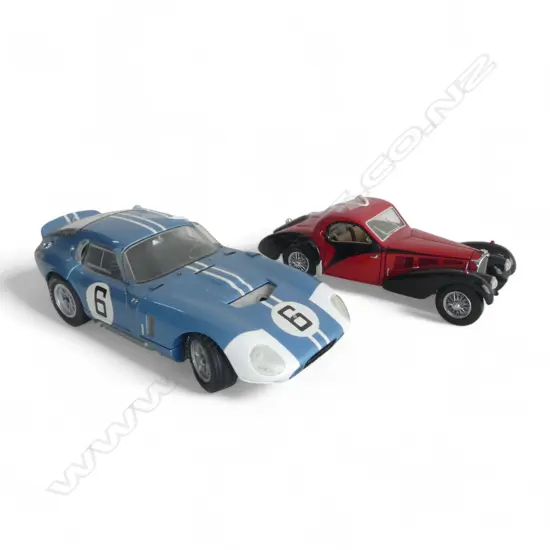 TWO DIE CAST MODEL CARS: RACING LEGENDS COBRA DAYTONA AND FRANKLIN MINT BUGATTI 57SC
