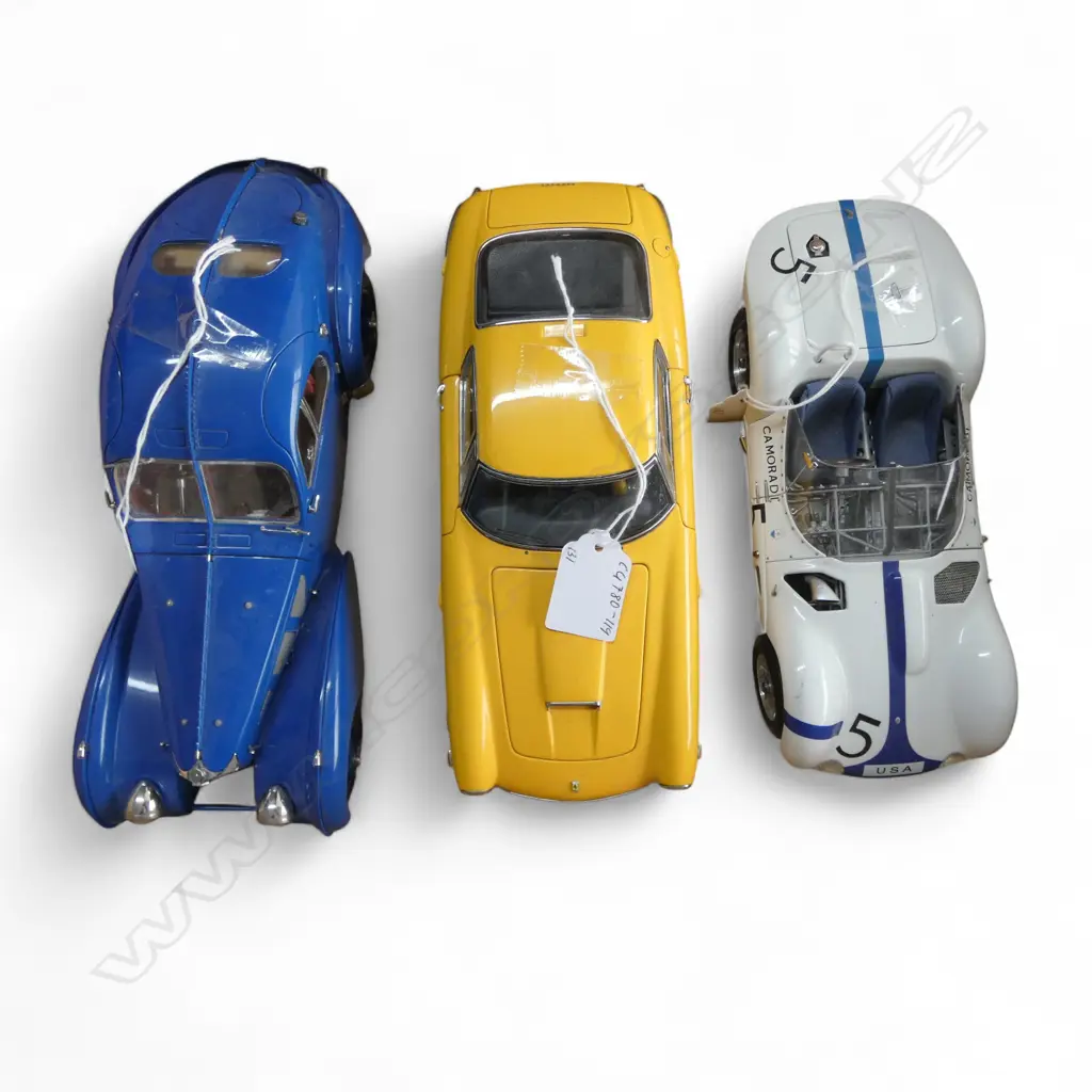 THREE CMC DIECAST MODEL CARS: BUGATTI SC ATLANTIC, FERRARI 2500, MASERATI TIPO (WING MIRROR BROKEN BUT TAPED TO CAR) Image 1++