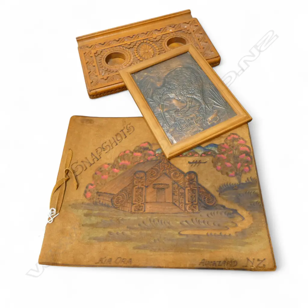 CHIP CARVED DESK STAND (no ink bottles), VINTAGE FRAMED EMBOSSED KIWI & VINTAGE KIA ORA AUCKLAND SNAPSHOTS BOOK Image 1++