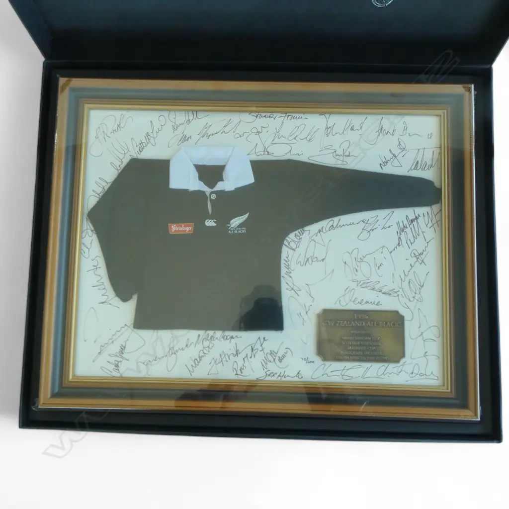 FRAMED 1996 MINIATURE ALL BLACKS RUGBY SHIRT SIGNED BACKGROUND IN CASE 480x385mm Image 1++