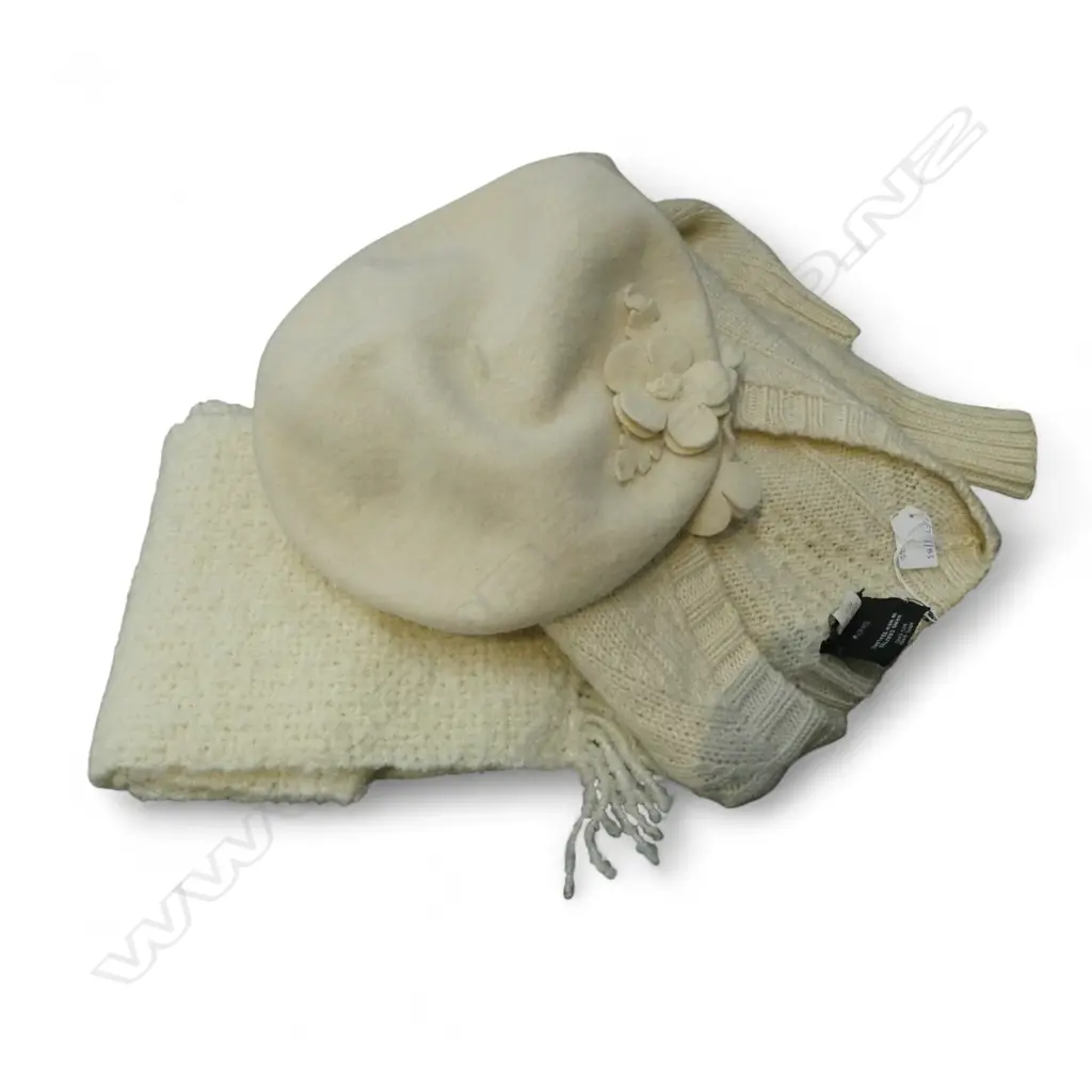 GLEN CARRON WOOL JUMPER SMALL SIZE HAND WOVEN WOOL SCARF & HAT CREAM COLOUR Image 1++