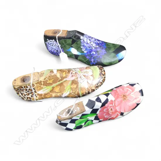 CAROLYN MCCONDACH BOTANICAL STUDIES ON ANTIQUE WOODEN SHOE MOULDS  250 X 90 MM (EACH)