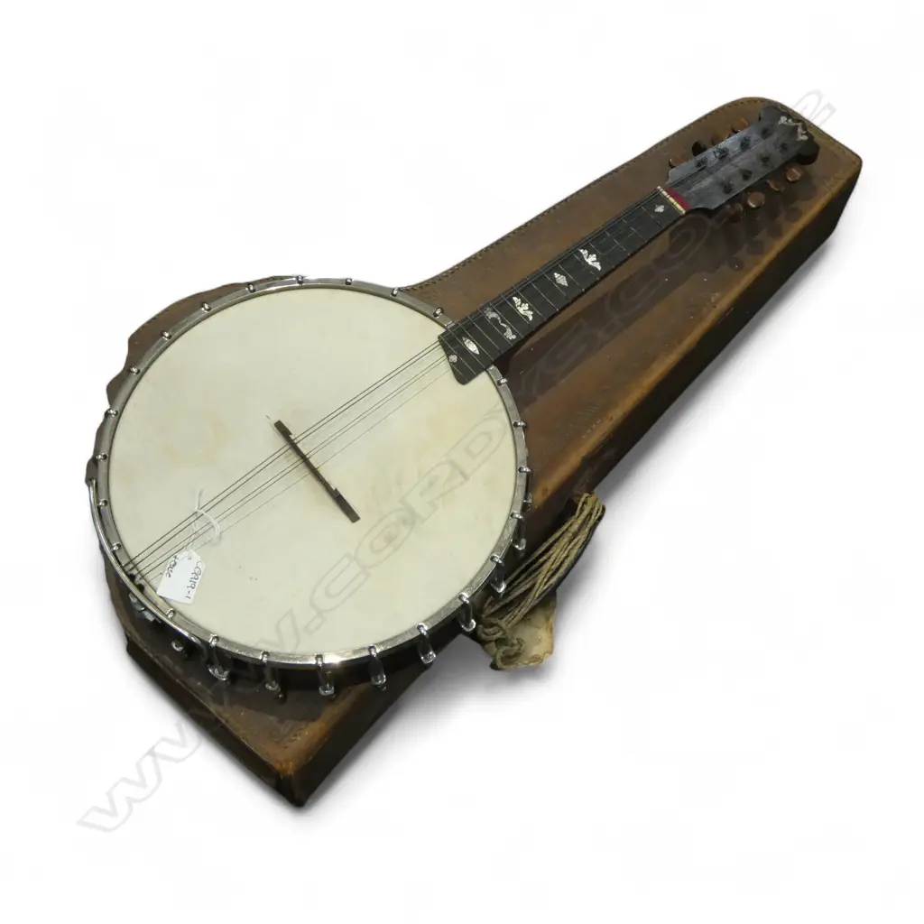 CLIFFORD ESSEX Co. BANJO mop inlay IN OLD LEATHER CASE strings loose Image 1++