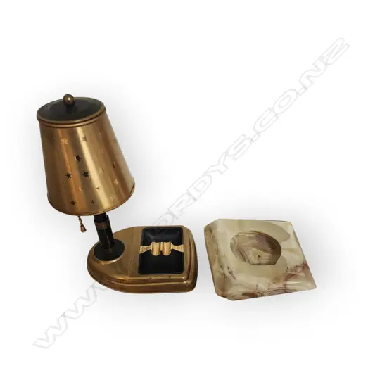 VINTAGE BRASS CIGARETTE DISPENSER (as a table lamp) PLUS BANDED GREEN BROWN ONYX ASHTRAY HEAVY SQUARE W ANGLE CUTS