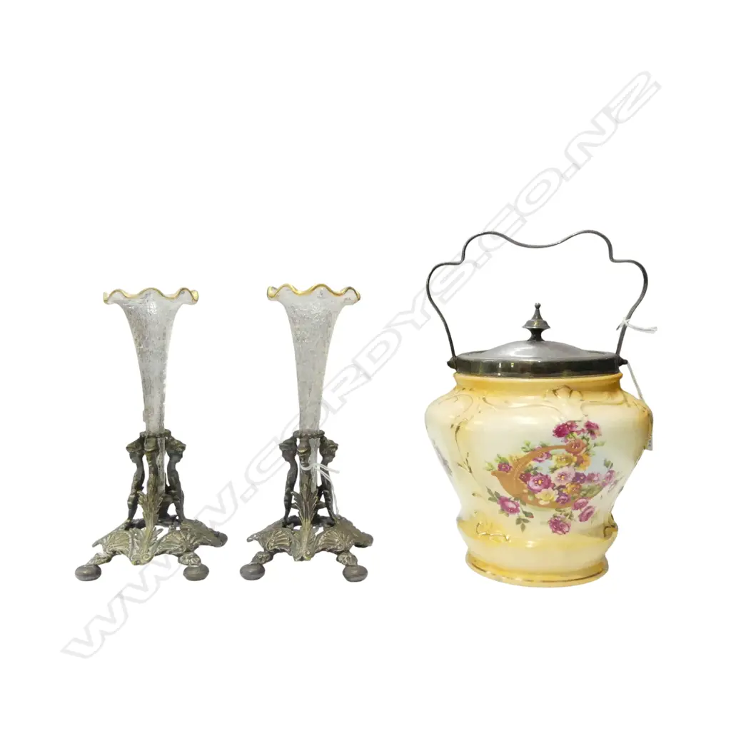 PR VICT GLASS & METAL EPERGNE VASES H210 & EDWARDIAN BISCUIT BARREL H200MM Image 1++