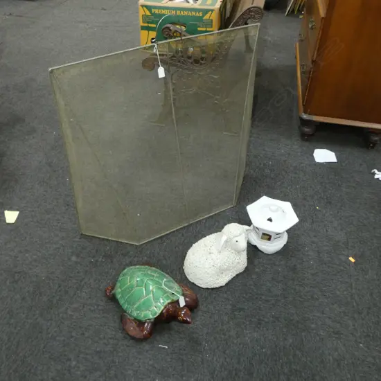 FIRE SCREEN & 3 GARDEN ORNAMENTS - SHEEP, TURTLE & TEMPLE