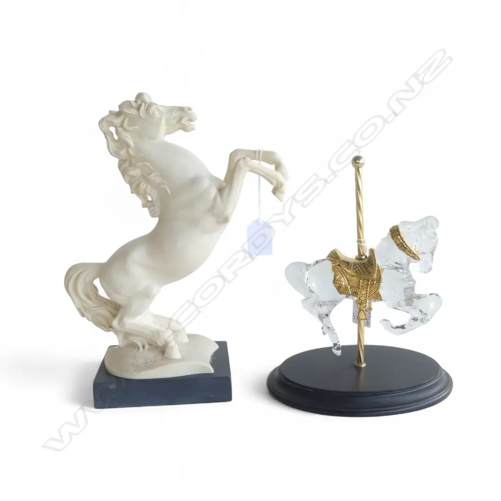 REARING HORSE FIGURE H300MM & CRYSTAL CARASOL HORSE ON WOOD STAND H240MM Image 1++