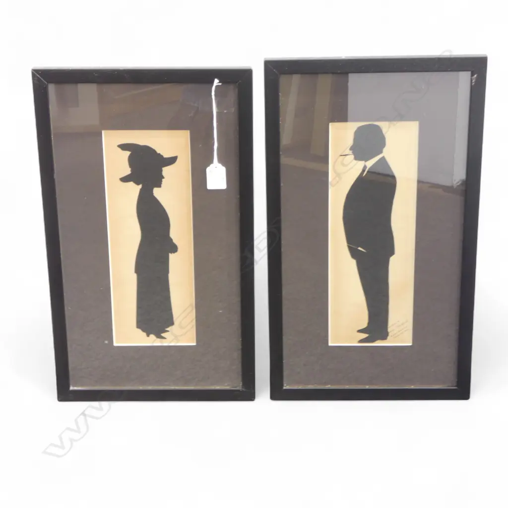 PR EDWARDIAN BLACK PAPER SILHOUETTES - MAN & WOMAN, FRAMED 320x110mm Image 1++