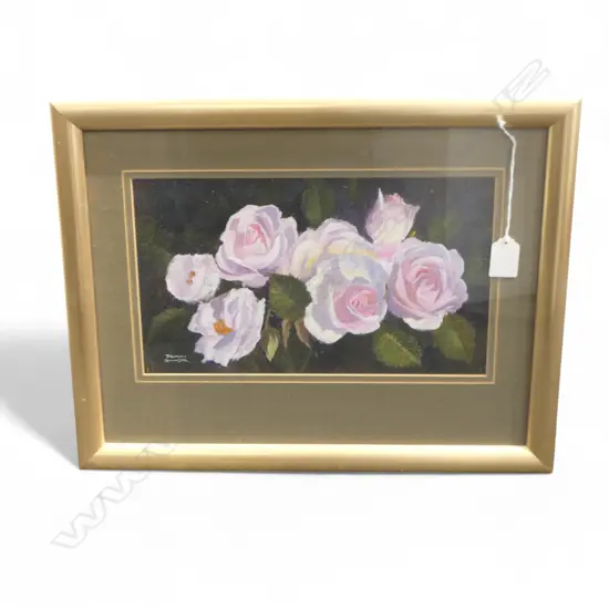 FRAMED GAUCHE STILLIFE ROSES SIGNED BRIA BAXTER H180 W310MM