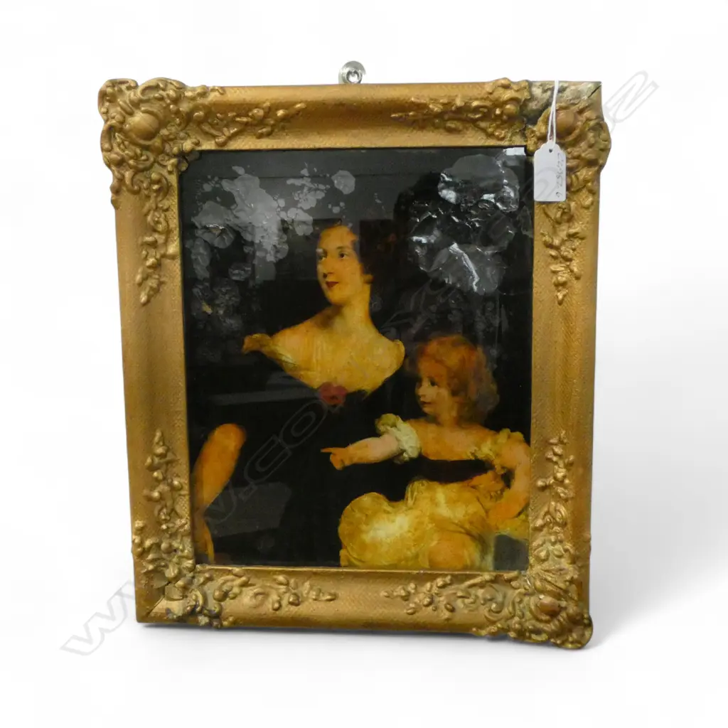 REGENCY PORTRAIT of MOTHER & DAUGHTER, REVERSE PAINTED MEZZOTINT on GLASS, 280 x 230mm, damaged Image 1++
