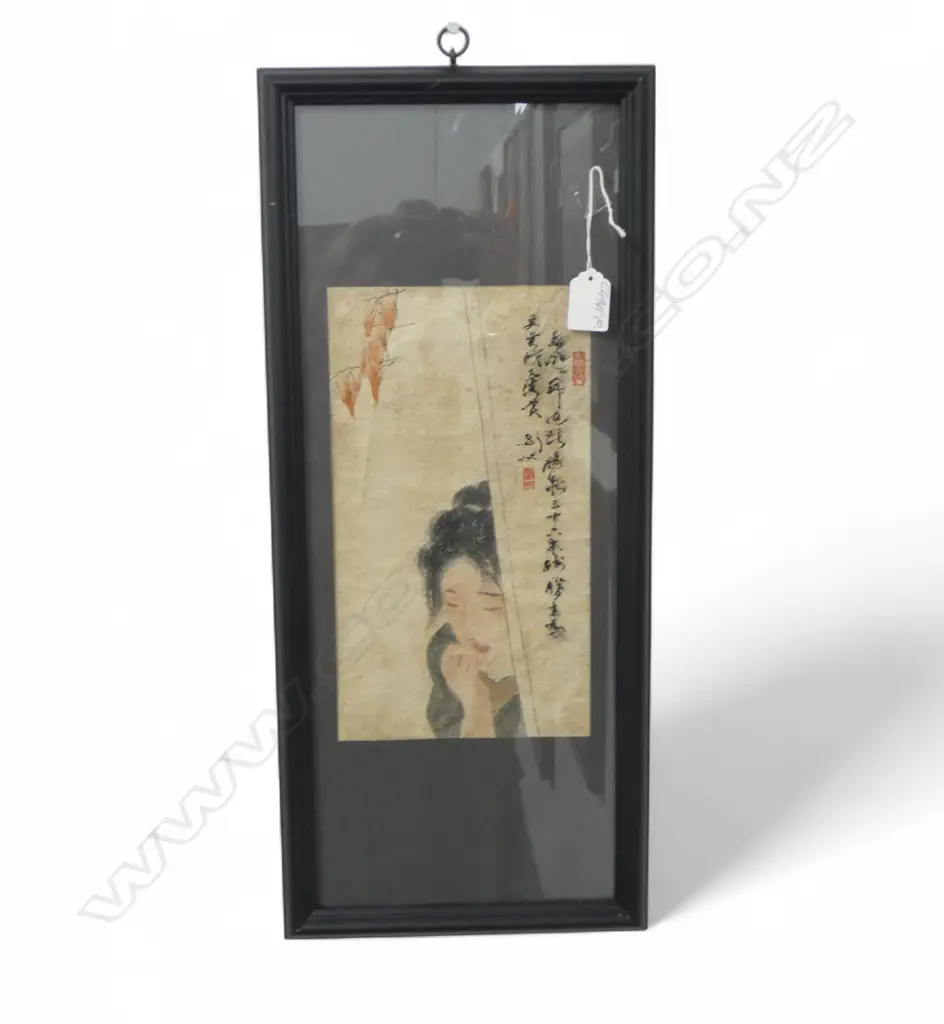 VINTAGE CHINESE Watercolour Woman at Doorway 280 x 160mm black framed under glaze Image 1++