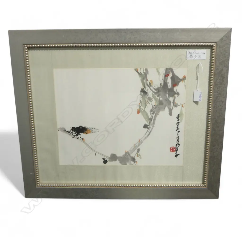 VINTAGE CHINESE Watercolour Cicada on blossom branch by Cha Shau-Ang  300 x 380mm Image 1++