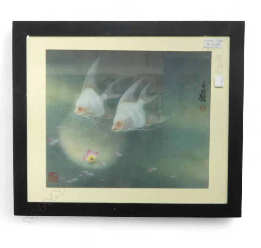 VINTAGE CHINESE Watercolour 2 fish & flower by Zhang Li Xiong 400 x 470mm Image 1++