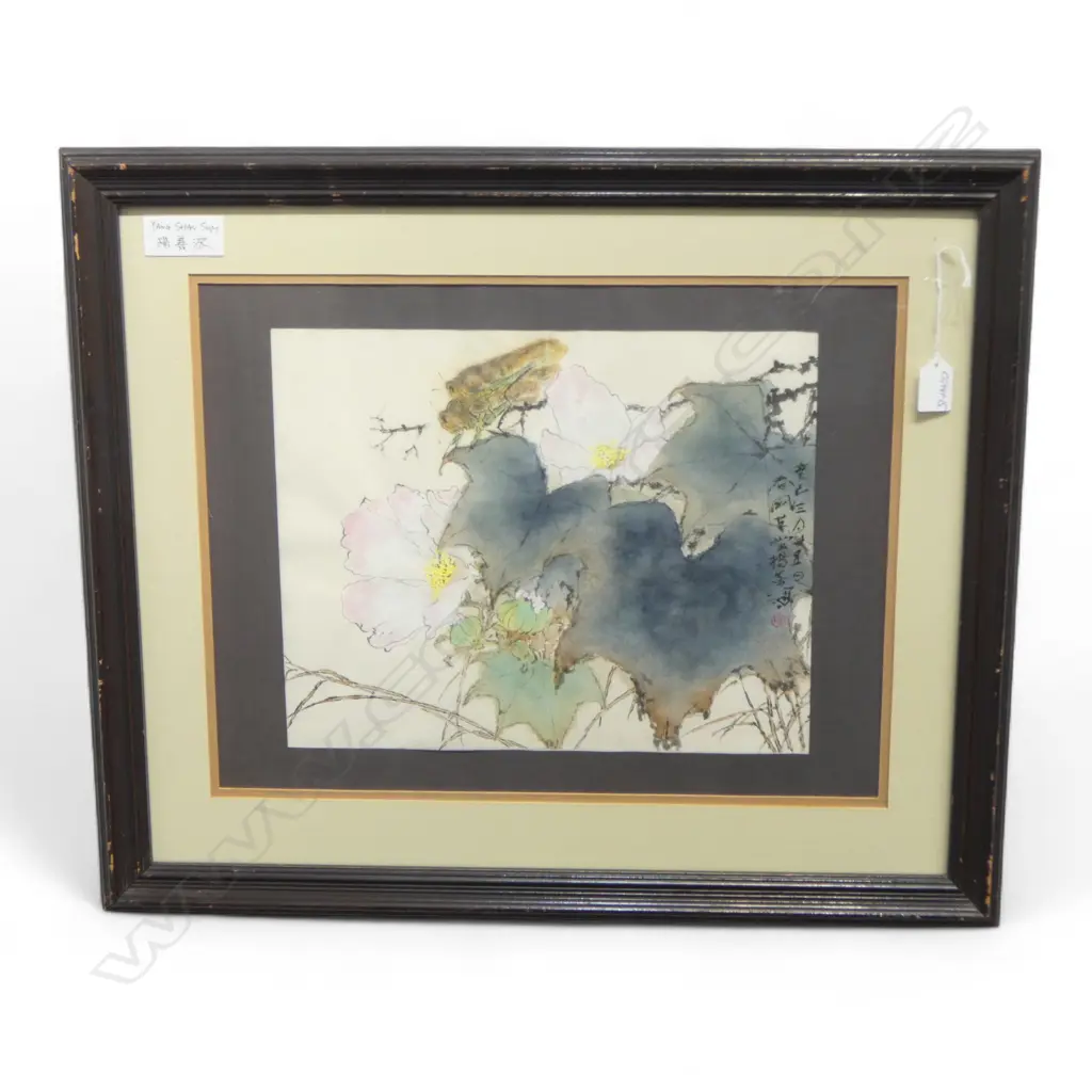 VINTAGE CHINESE Watercolour 2 locusts on leaves & flowers by Yang Shan Sum 300 x 365mm Image 1++