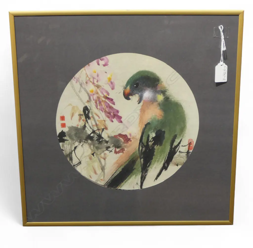 CHINESE WATERCOLOUR / GOUACHE PAINTING PARROT & BLOSSOM Dia.265mm Image 1++