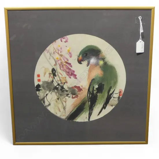 CHINESE WATERCOLOUR / GOUACHE PAINTING PARROT & BLOSSOM Dia.265mm