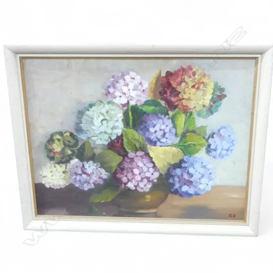 HYDRANGEAS STILL LIFE, OIL ON BOARD 430x550mm