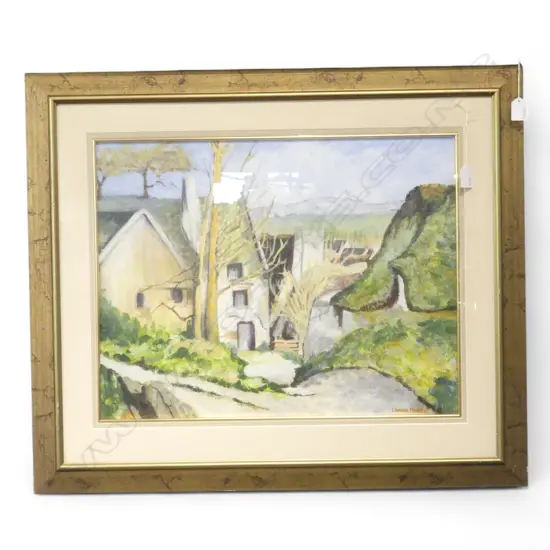 LORNA PORTER, VILLAGE IN LANDSCAPE, ACRYLIC ON CARD 445x575mm SIGNED
