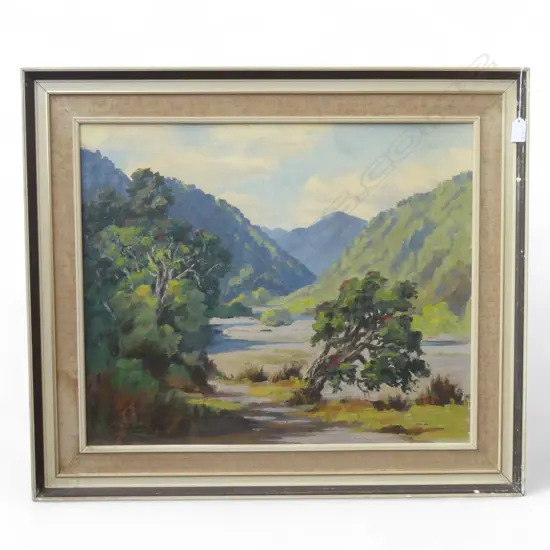 BERNICE SMART, RIVER LANDSCAPE, OIL ON BOARD 495x600mm SIGNED