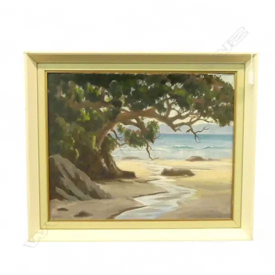 E. B. LATTEY 'THE END OF THE BEACH - OHOPE' OIL ON BOARD 390x495mm SIGNED