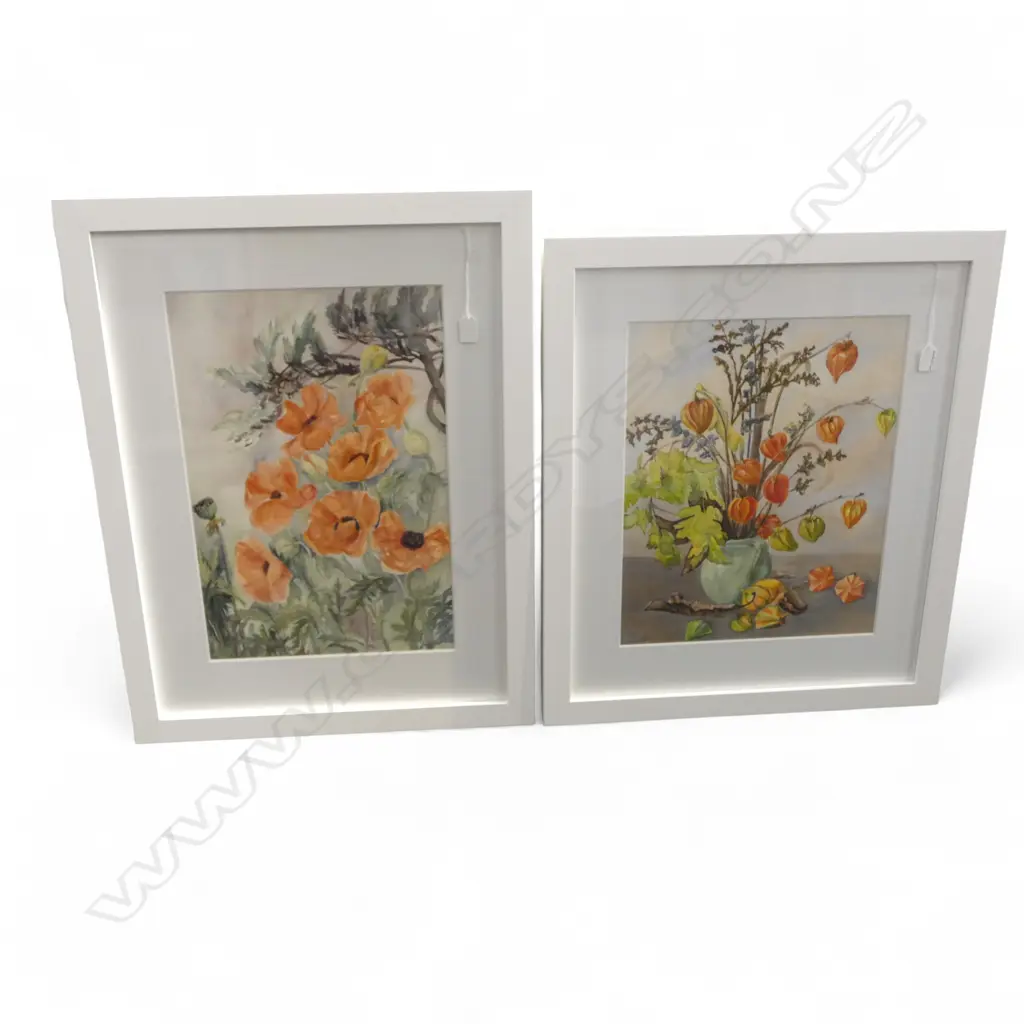 2 ELEANOR M. COWLES FLORAL WCs; STILL LIFE 480x380mm, RED POPPIES 525x350mm Image 1++