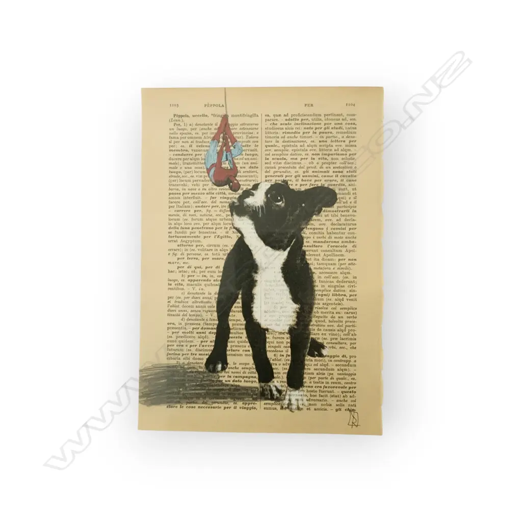 “BOSTON TERRIER” SERIES FEATURING ANIMALS AND POP CULTURE FIGURES PAINTED OVER PAGES FROM AN  ANTIQUE ITALIAN DICTIONARY Image 1++