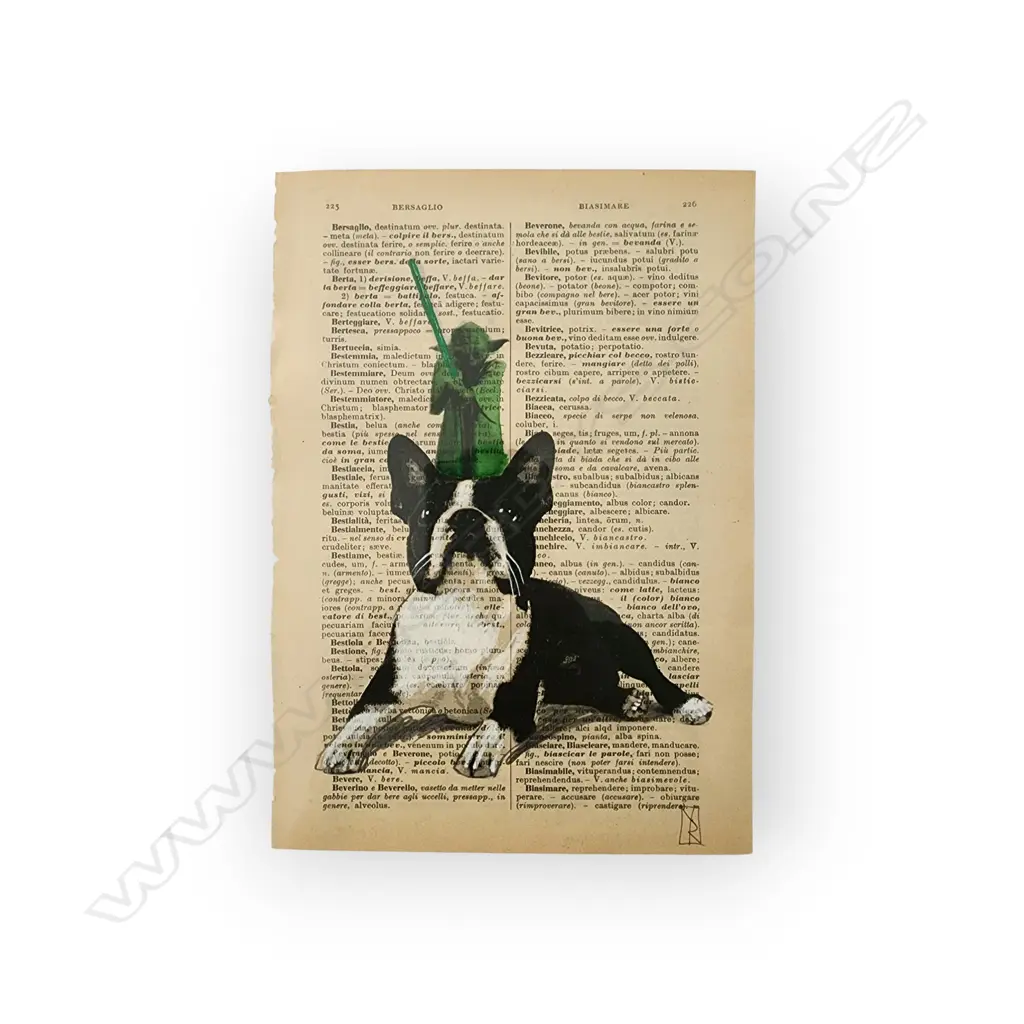 “BOSTON TERRIER” SERIES FEATURING ANIMALS AND POP CULTURE FIGURES PAINTED OVER PAGES FROM AN  ANTIQUE ITALIAN DICTIONARY Image 1++