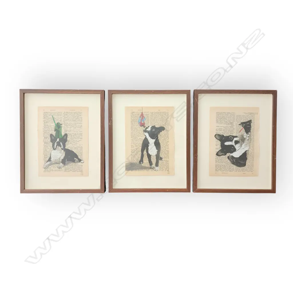 “BOSTON TERRIER” SERIES FEATURING ANIMALS AND POP CULTURE FIGURES PAINTED OVER PAGES FROM AN  ANTIQUE ITALIAN DICTIONARY Image 1++