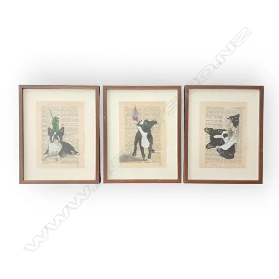 “BOSTON TERRIER” SERIES FEATURING ANIMALS AND POP CULTURE FIGURES PAINTED OVER PAGES FROM AN  ANTIQUE ITALIAN DICTIONARY