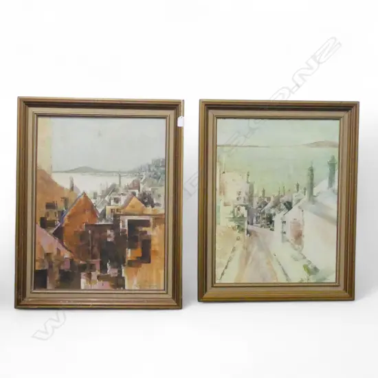 2 ROBERT GOLDSTONE VIEWS OF RANGITOTO FROM AUCKLAND, OIL ON BOARD 595x440mm