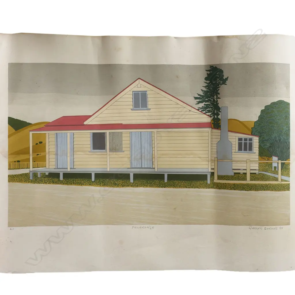 FASSETT BURNETT (1932-) 'PAWARENGA' SCREENPRINT, ARTIST'S PROOF, SIGNED & DATED '84, unframed. Water damage, 710 x 405mm Image 1++