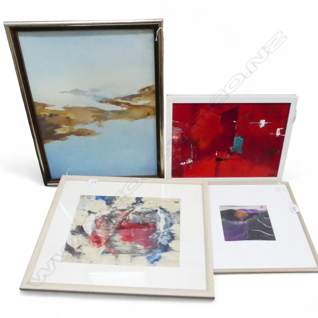 4 ARTWORKS; RED ABSTRACT, DIANA LEE-GOBBITT, REG BELL, UNKNOWN... Image 1++
