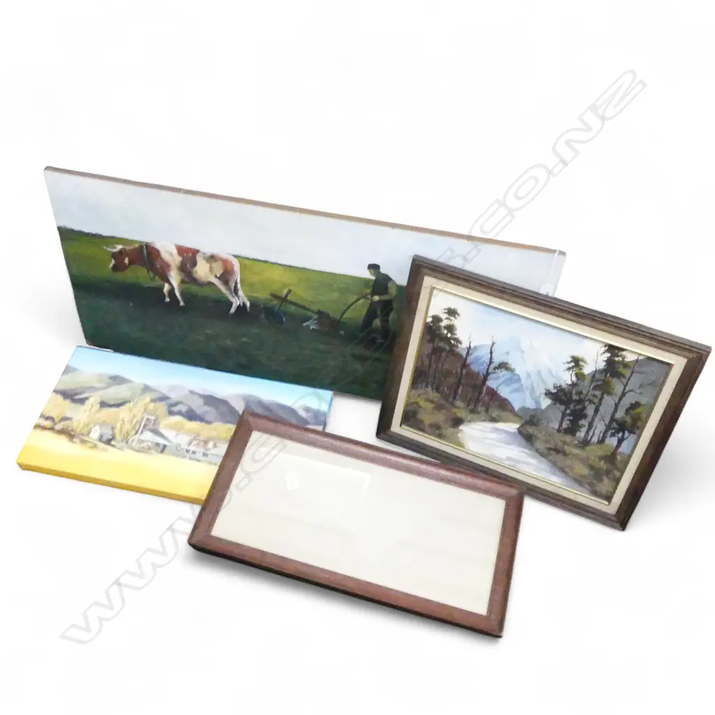 FRAME + 3 ARTWORKS; M. CASSIDY PLOUGHING SCENE ACRYLIC ON BOARD '74 460x1020mm, PAM CLARK 'RURAL NZ' 305x610mm, OTHER Image 1++