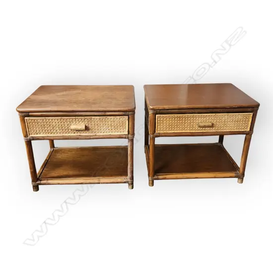 PAIR OF VINTAGE RATTAN AND BAMBOO BEDSIDE TABLES WITH DRAWER