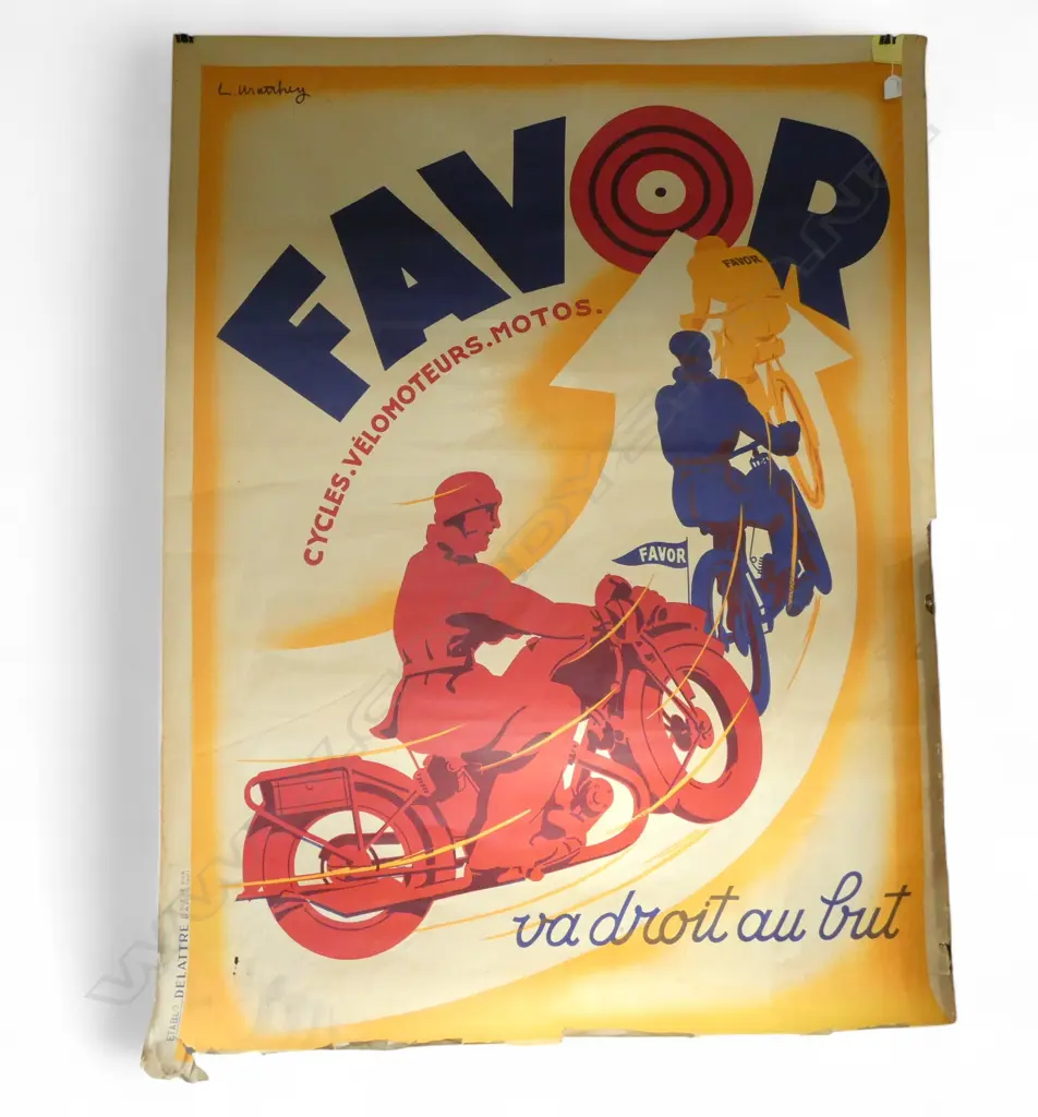 VINTAGE 1930s FRENCH ART DECO POSTER FOR 'FAVOR' CYCLES, VÉLOMOTEURS & MOTOS by L. MATHEY 1600x1200mm some small faults Image 1++