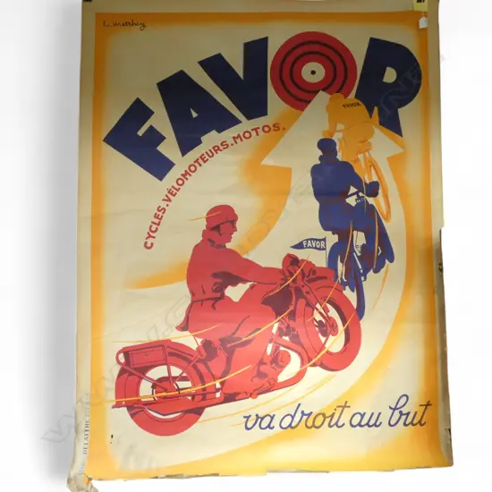 VINTAGE 1930s FRENCH ART DECO POSTER FOR 'FAVOR' CYCLES, VÉLOMOTEURS & MOTOS by L. MATHEY 1600x1200mm some small faults