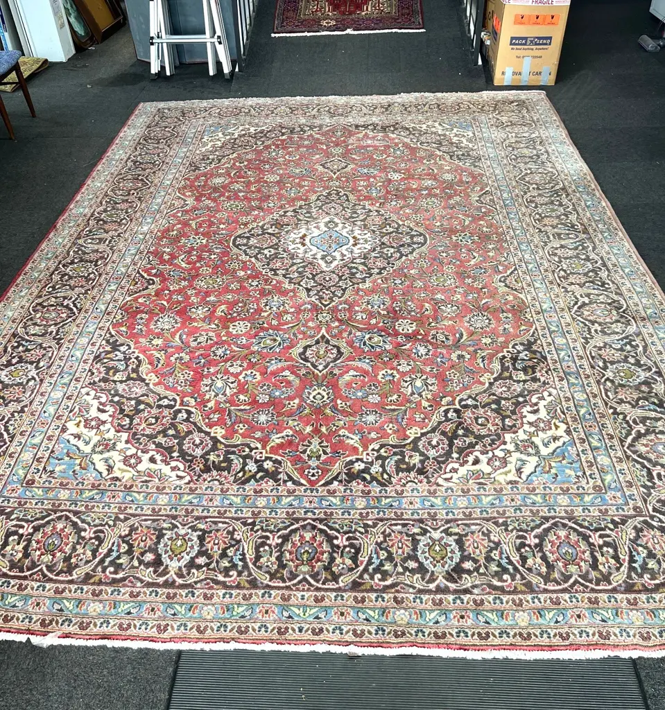 Very large Persian Kashan hand knotted carpet w curvilinear tendril design. Red ground. 4130 x 3000mm. Light fading Image 1++