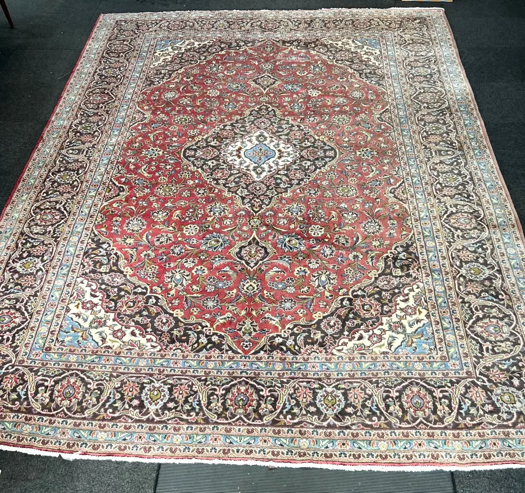 Very large Persian Kashan hand knotted carpet w curvilinear tendril design. Red ground. 4130 x 3000mm. Light fading Image 1++