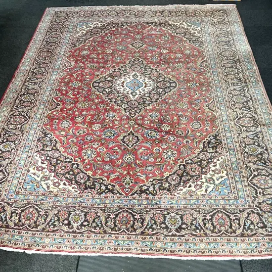 Very large Persian Kashan hand knotted carpet w curvilinear tendril design. Red ground. 4130 x 3000mm. Light fading