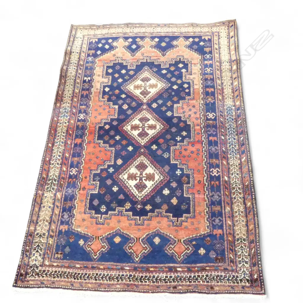 AFSHAR HAND KNOTTED WOOL RUG w. TRIPPLE CONJOINED MEDALIONS & SCATTERED ROSETTE FIELD 2130x1410mm Image 1++