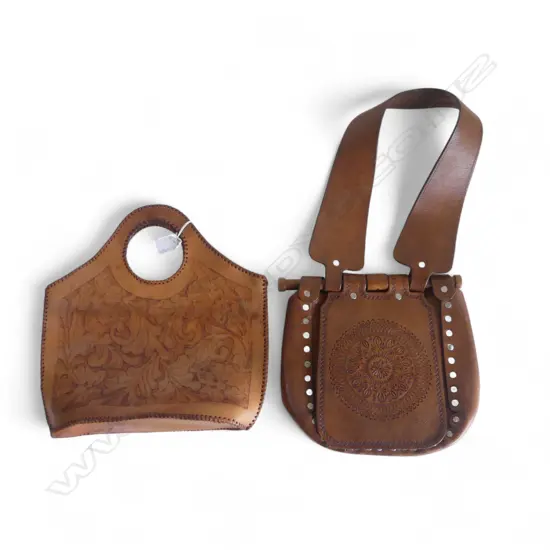 2 VINTAGE TOOLED LEATHER BAGS H.355mm