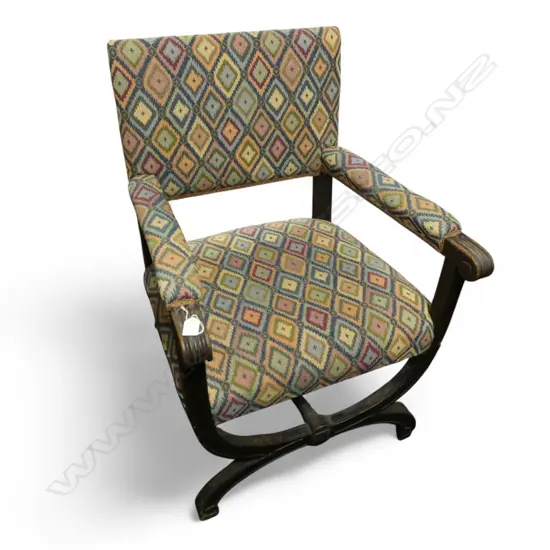 PR OAK EARLY 20thC X-FRAMED ARMCHAIRS w KILIM-STYLE UPHOLSTRY H.950mm