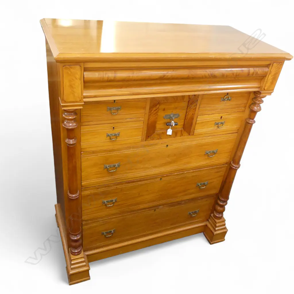 NZ colonial 9 drawer scotch chest, rimu w puriri fascia to top drawers, lge chip top cnr.  1220 x 590 x 1480mnm Image 1++